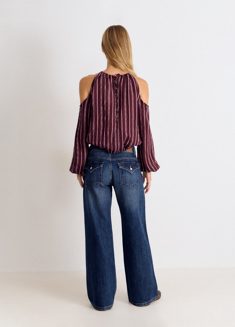 Long-sleeved striped cut-out blouse