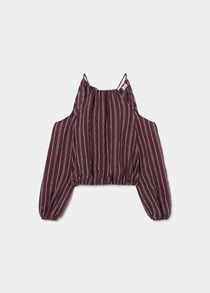 Long-sleeved striped cut-out blouse