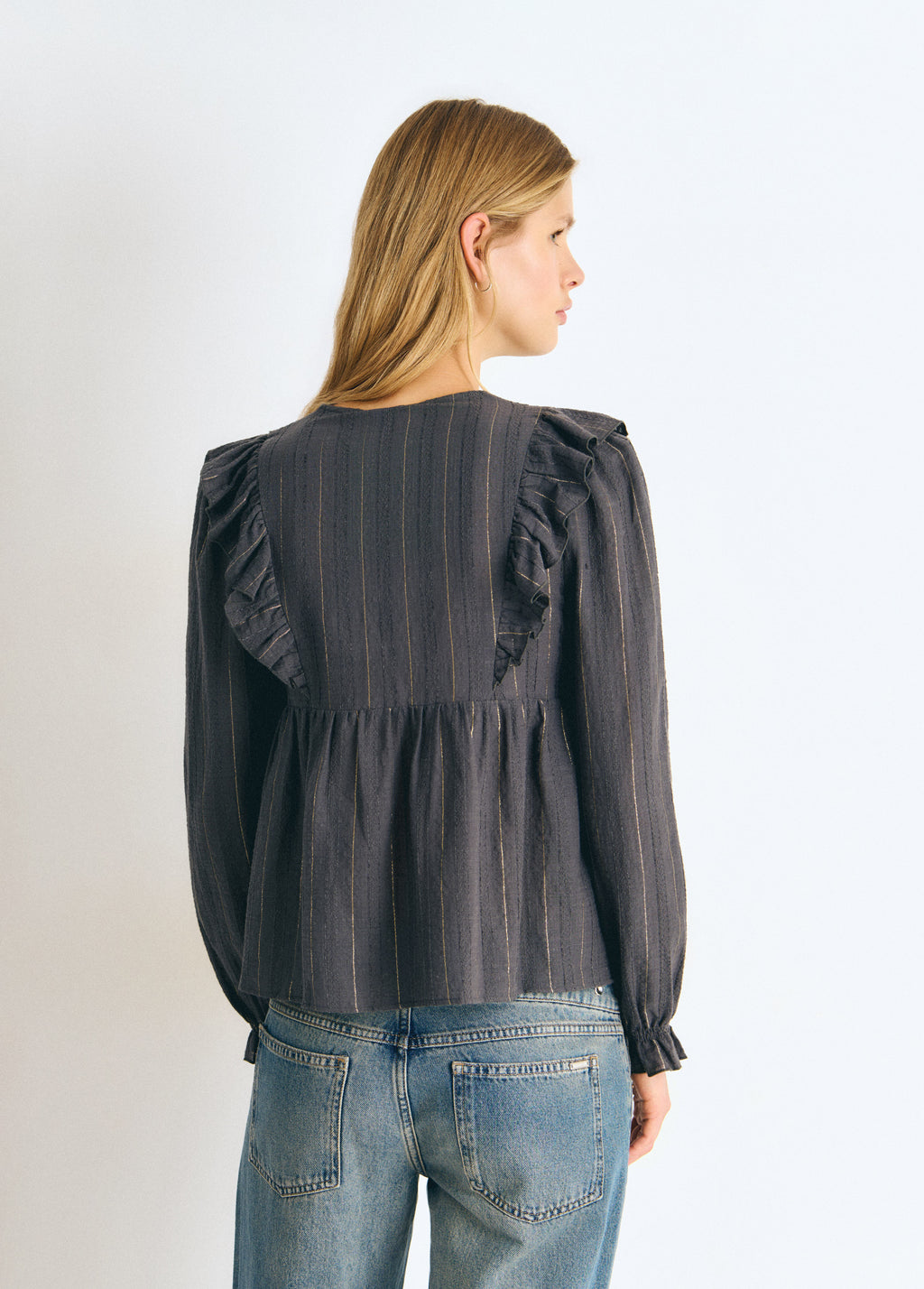 Blouse with ruffle detail and lurex stripe