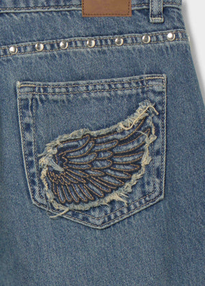 Rechte jeans met geborduurde vleugels