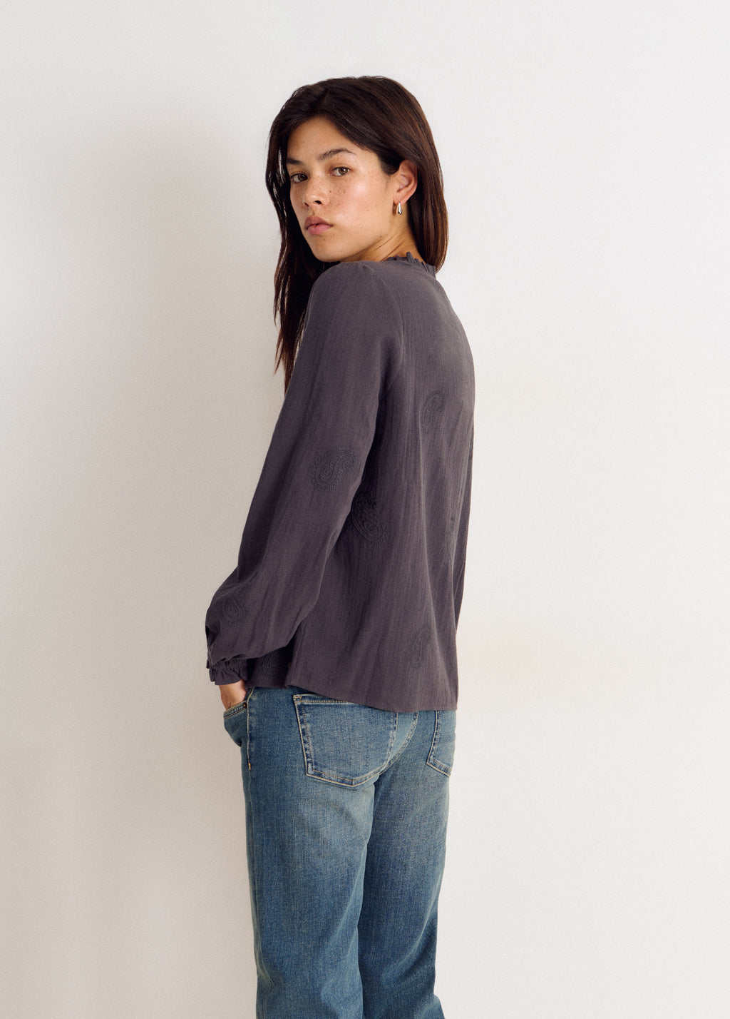 Embroidered long-sleeve blouse