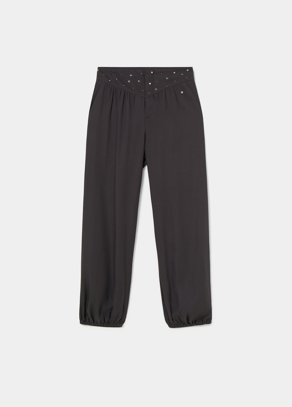 Pantalón bombacho de color antracita con cintura decorada con tachas plateadas