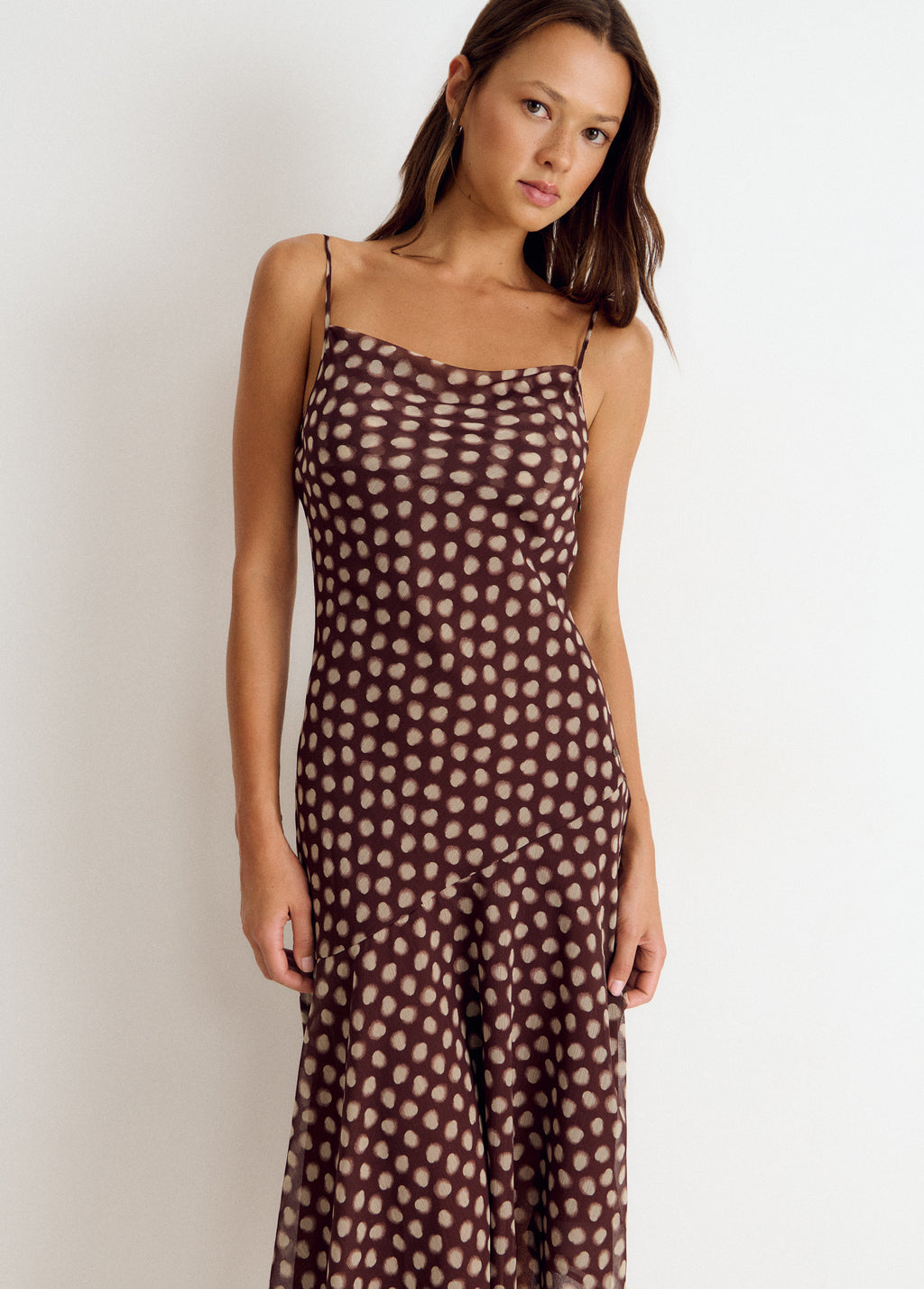 Long spaghetti-strap dress with a polka-dot print