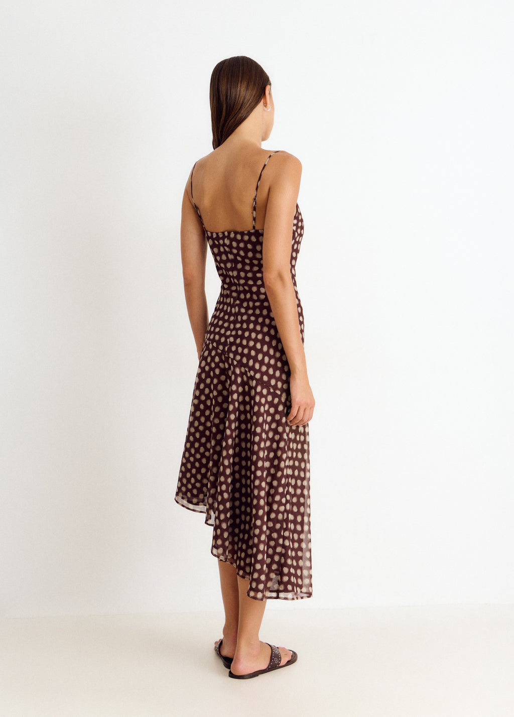 Long spaghetti-strap dress with a polka-dot print