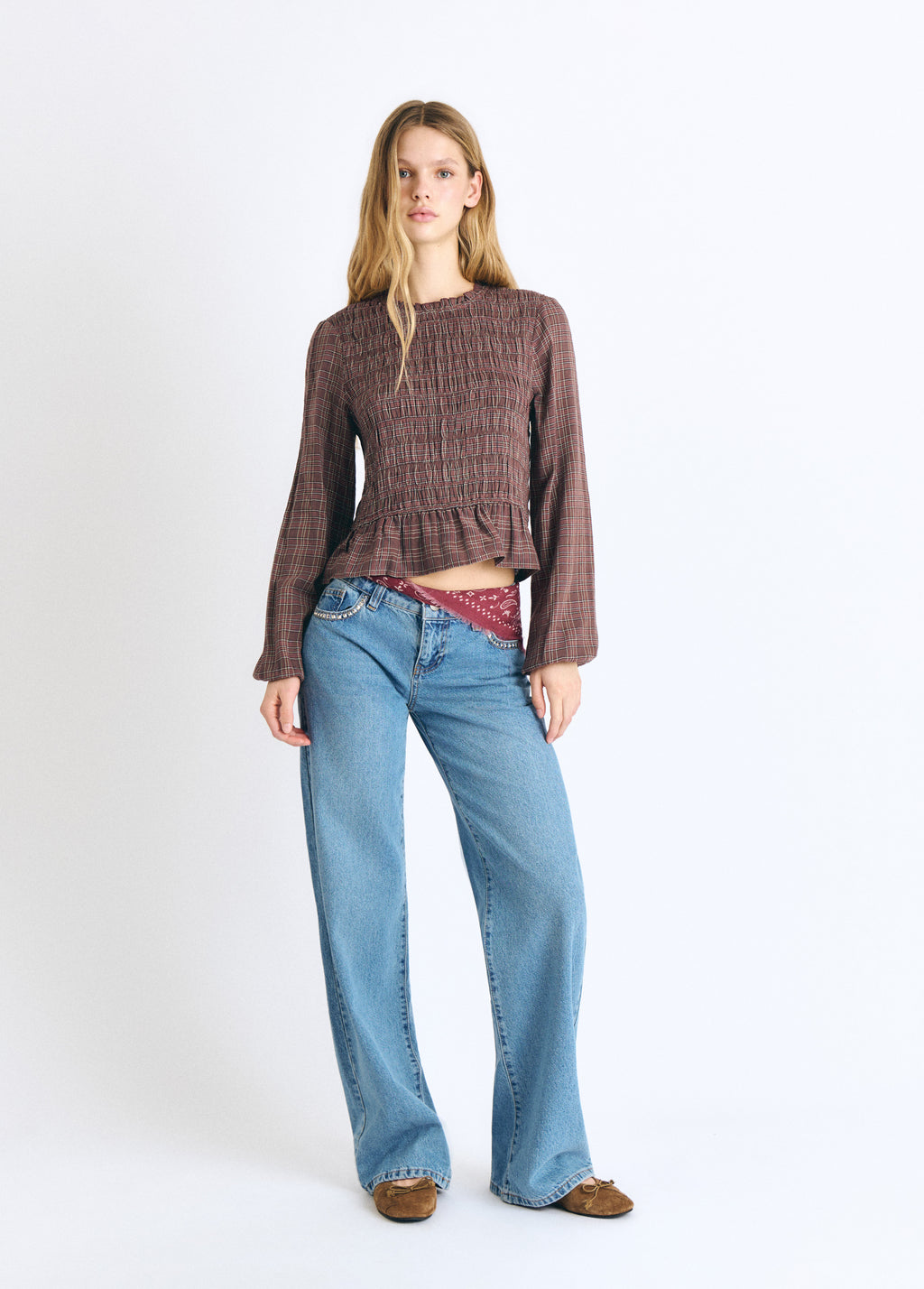 Checked blouse with ruching