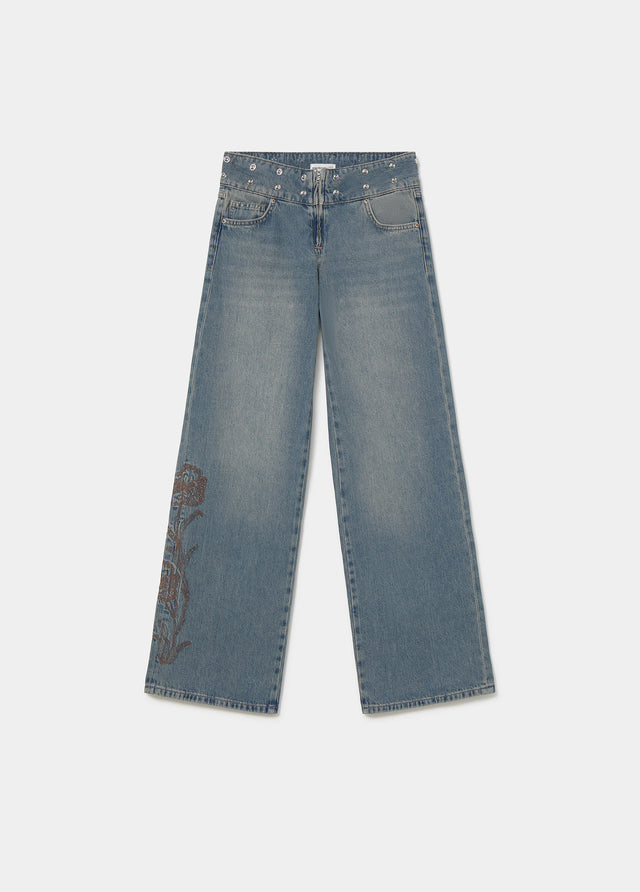 Studded embroidered waistband jeans