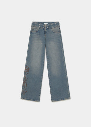 Studded embroidered waistband jeans