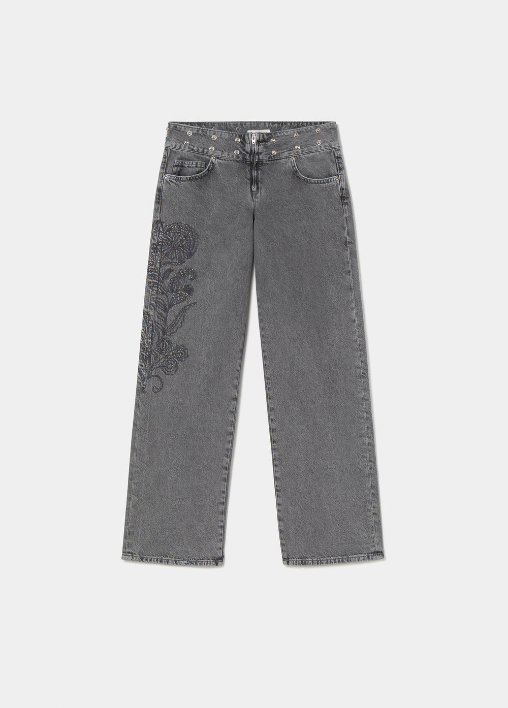 Jeans met studs en borduurwerk in de tailleband