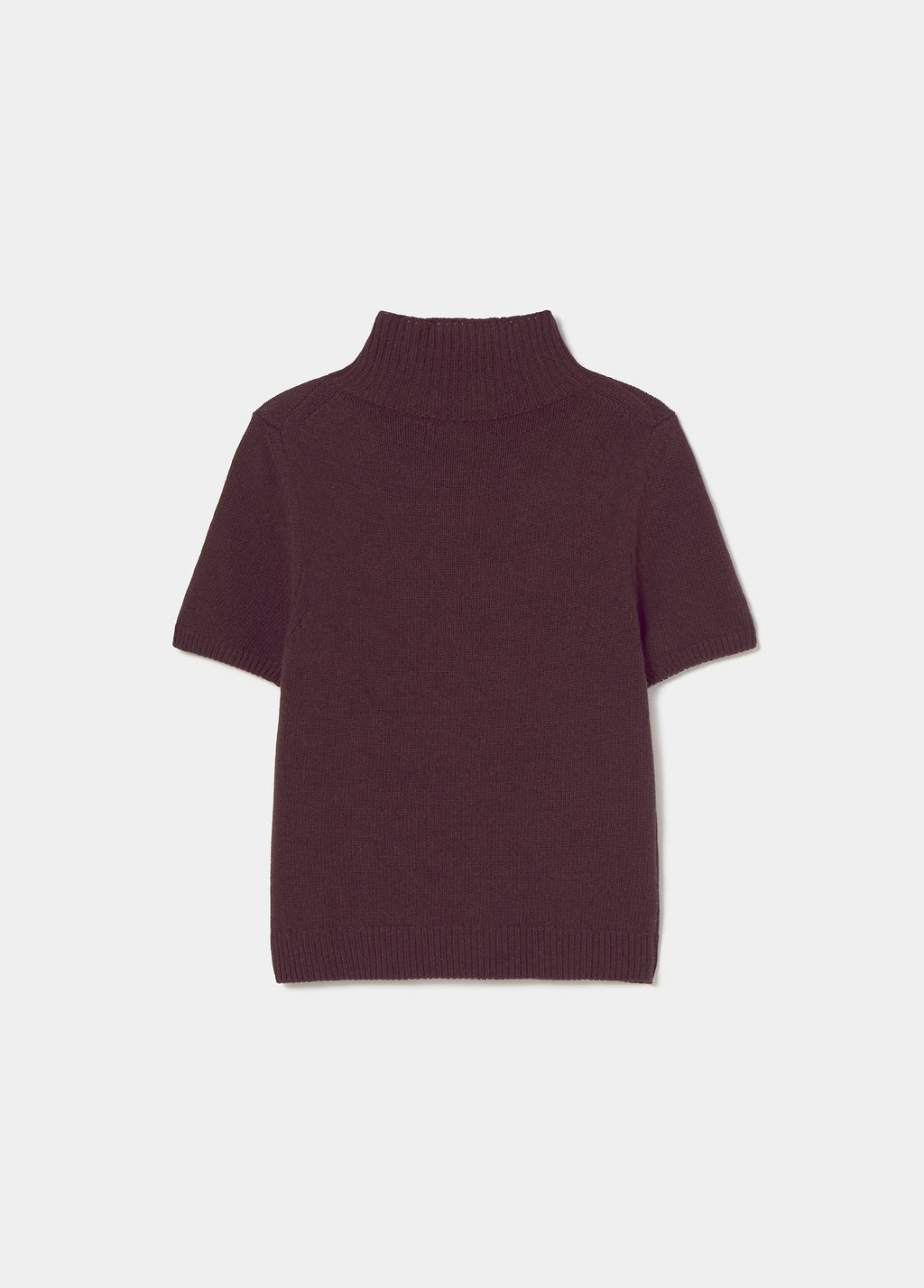 Vista trasera del jersey de manga corta en marrón con cuello alto y tejido liso