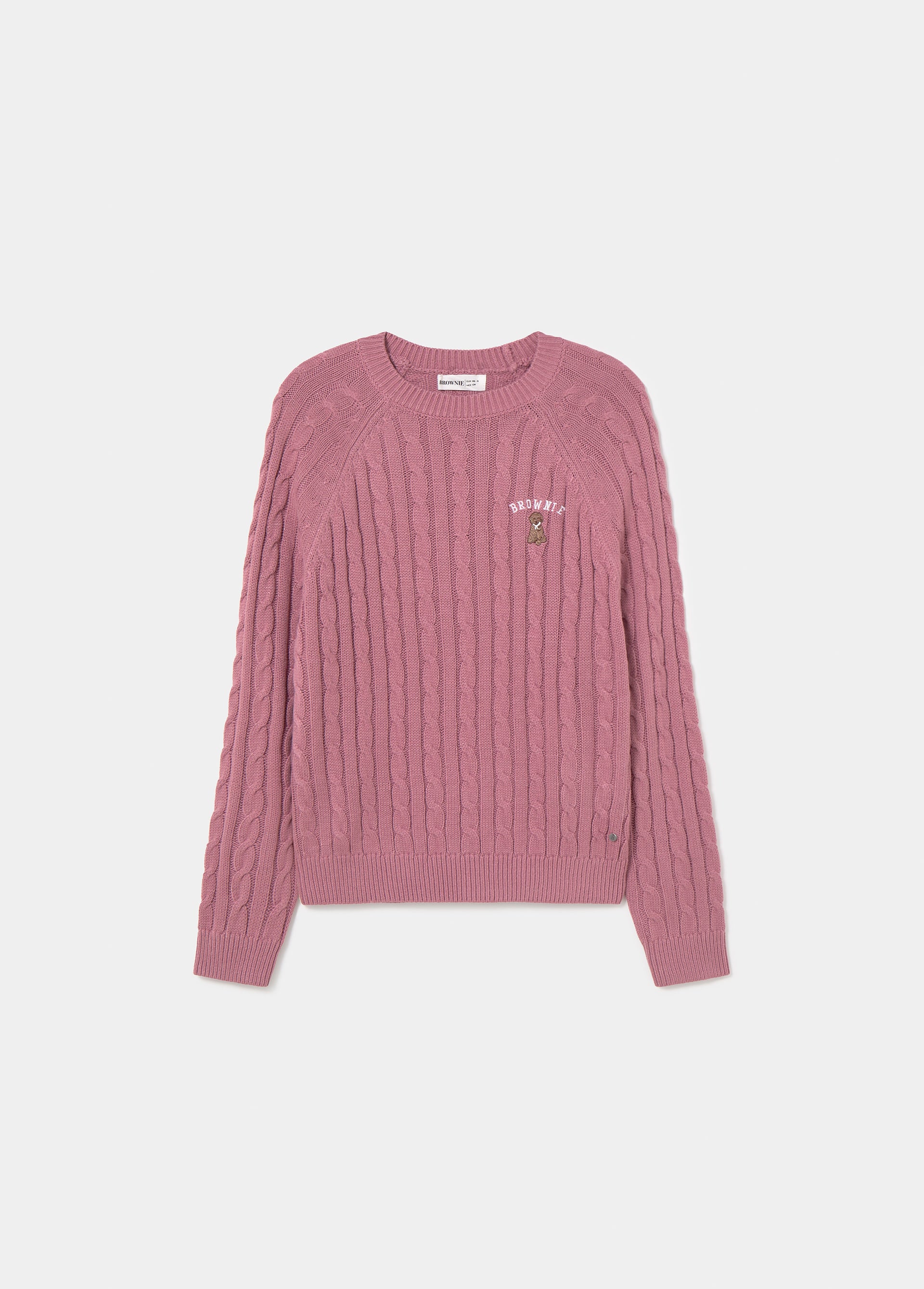 Jersey de punto trenzado en rosa con cuello redondo y detalle de perrito bordado sobre el pecho
