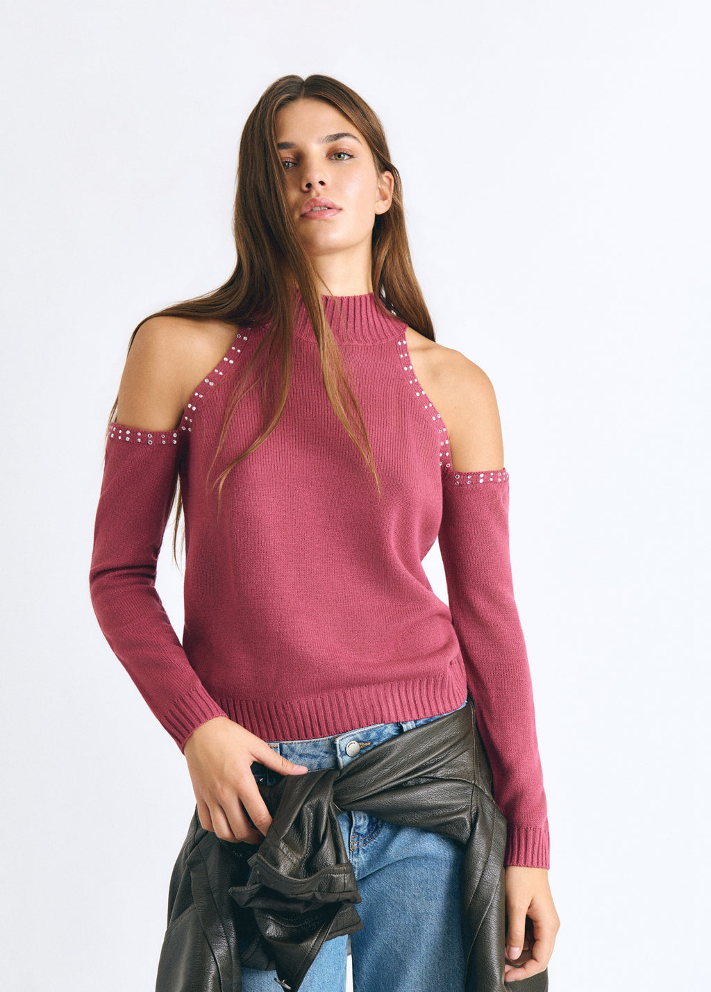 Shoulder-opening studded sweater