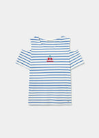 Camiseta azul de rayas con escote en hombro y estampado de cerezas