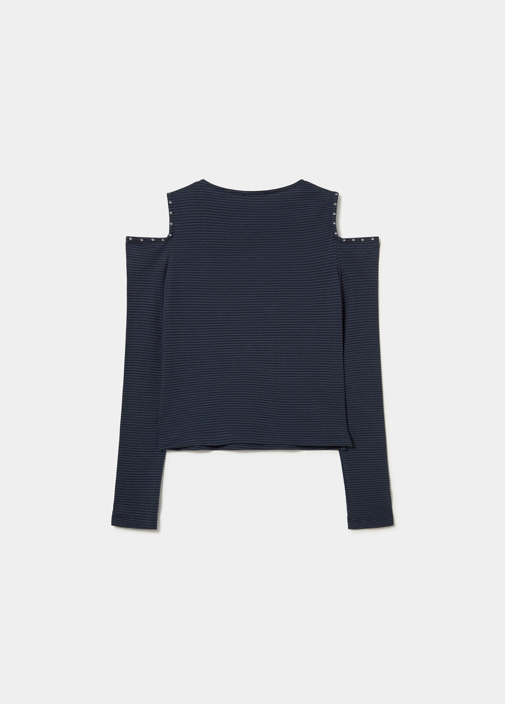 Vista posterior de la camiseta de rayas en azul con tirantes y remates de botones metálicos