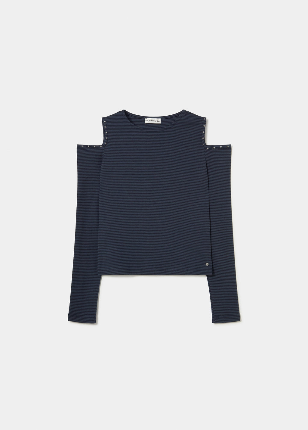 Camiseta de rayas en azul con escote y remates de botones metálicos