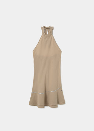 Short dress with asymmetrical hem and draped neckline