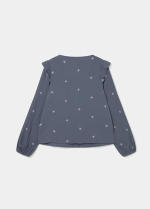 Long-sleeve dobby V-neck blouse