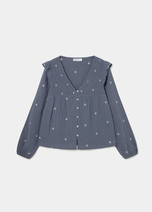 Long-sleeve dobby V-neck blouse