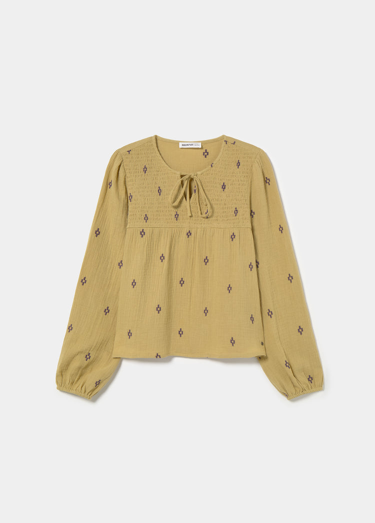 Embroidered smocked blouse