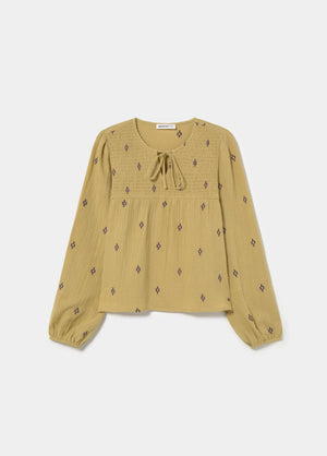 Embroidered smocked blouse