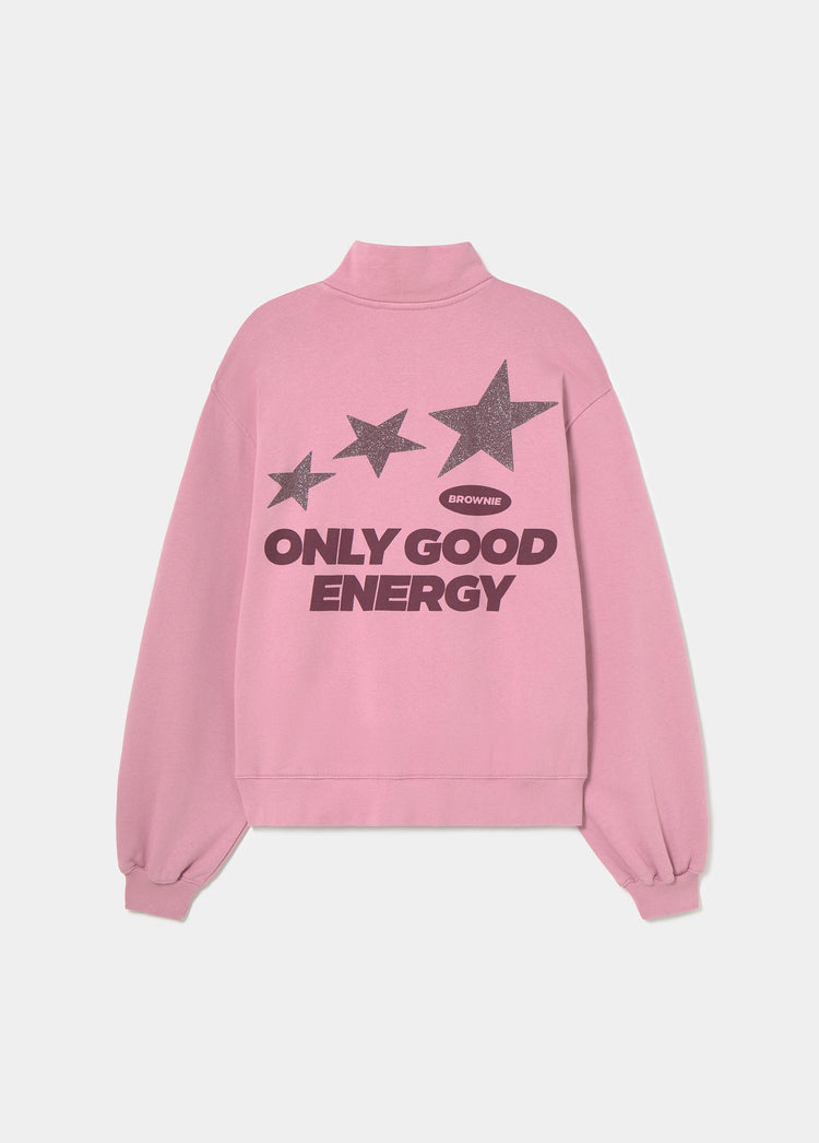 Sudadera rosa vista por detrás con estrellas glitter y la frase Only Good Energy