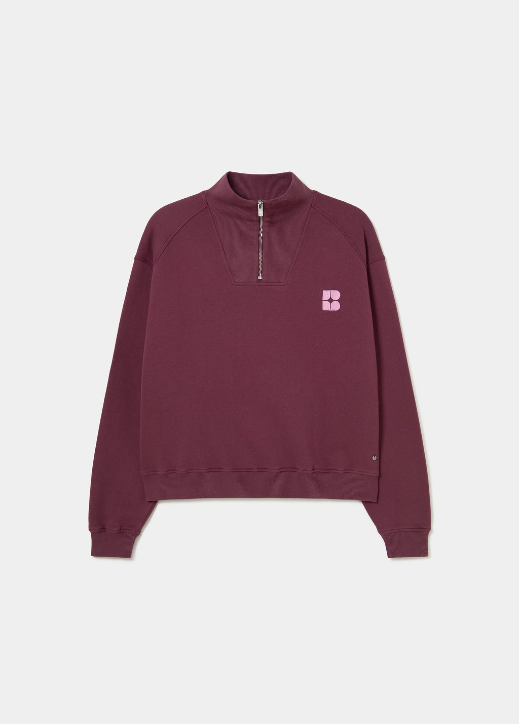 Sudadera de cremallera en granate oscuro vista por el frente con el logo bordado en rosa