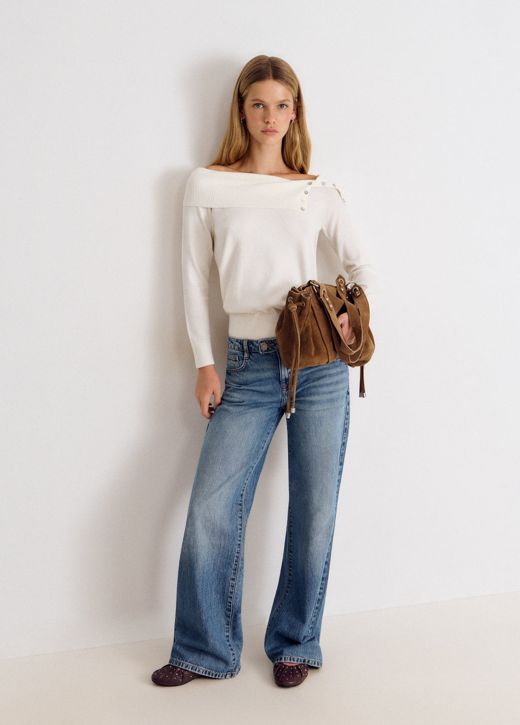 Ribbed-neck button-up sweater