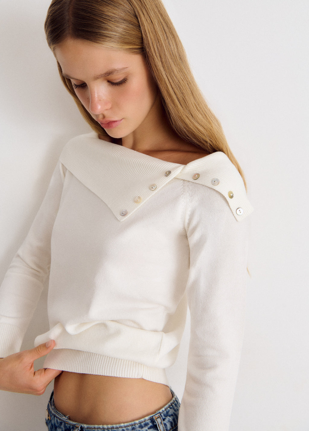 Ribbed-neck button-up sweater