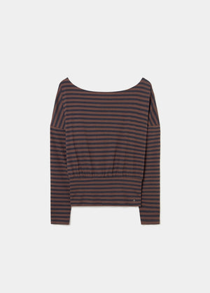 Fitted waist-length knitted striped T-shirt