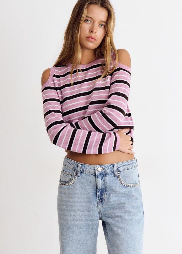 Jersey de rayas en rosa con hombros descubiertos y corte corto