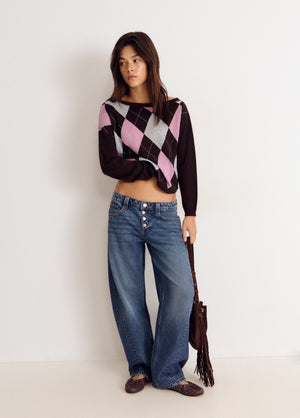 Asymmetrical diamond-patterned sweater