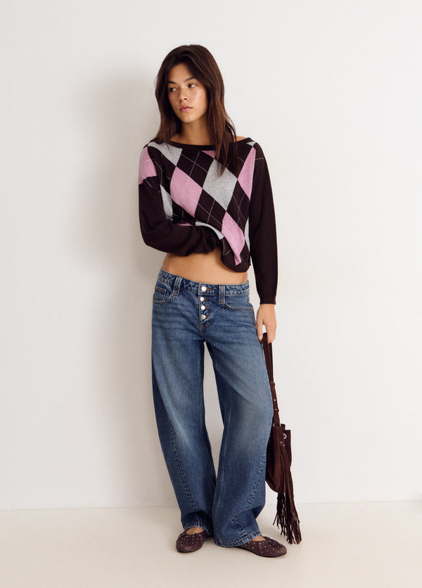 Jersey de manga larga con estampado de rombos en marrón, rosa y gris