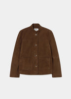Chaqueta de piel marrón con cuello mao y botones dorados vista de frente