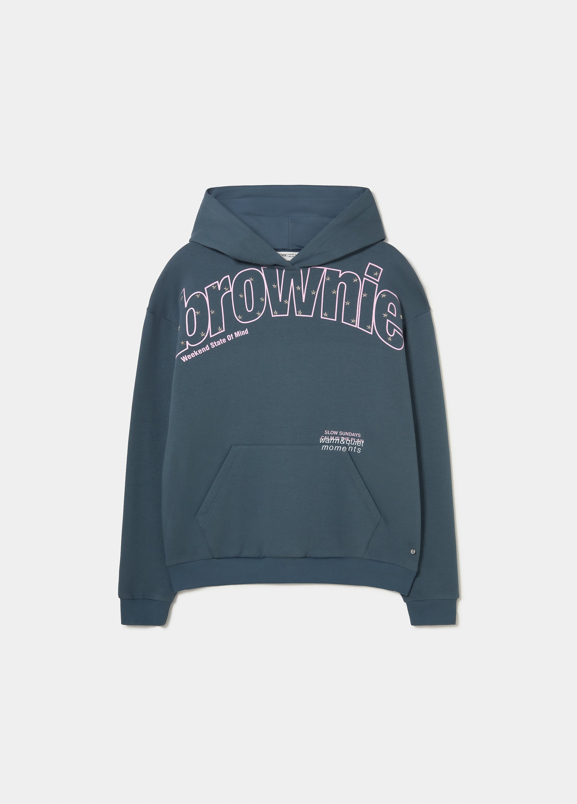 Sudadera de capucha en azul con estampado de texto y estrellas en el pecho