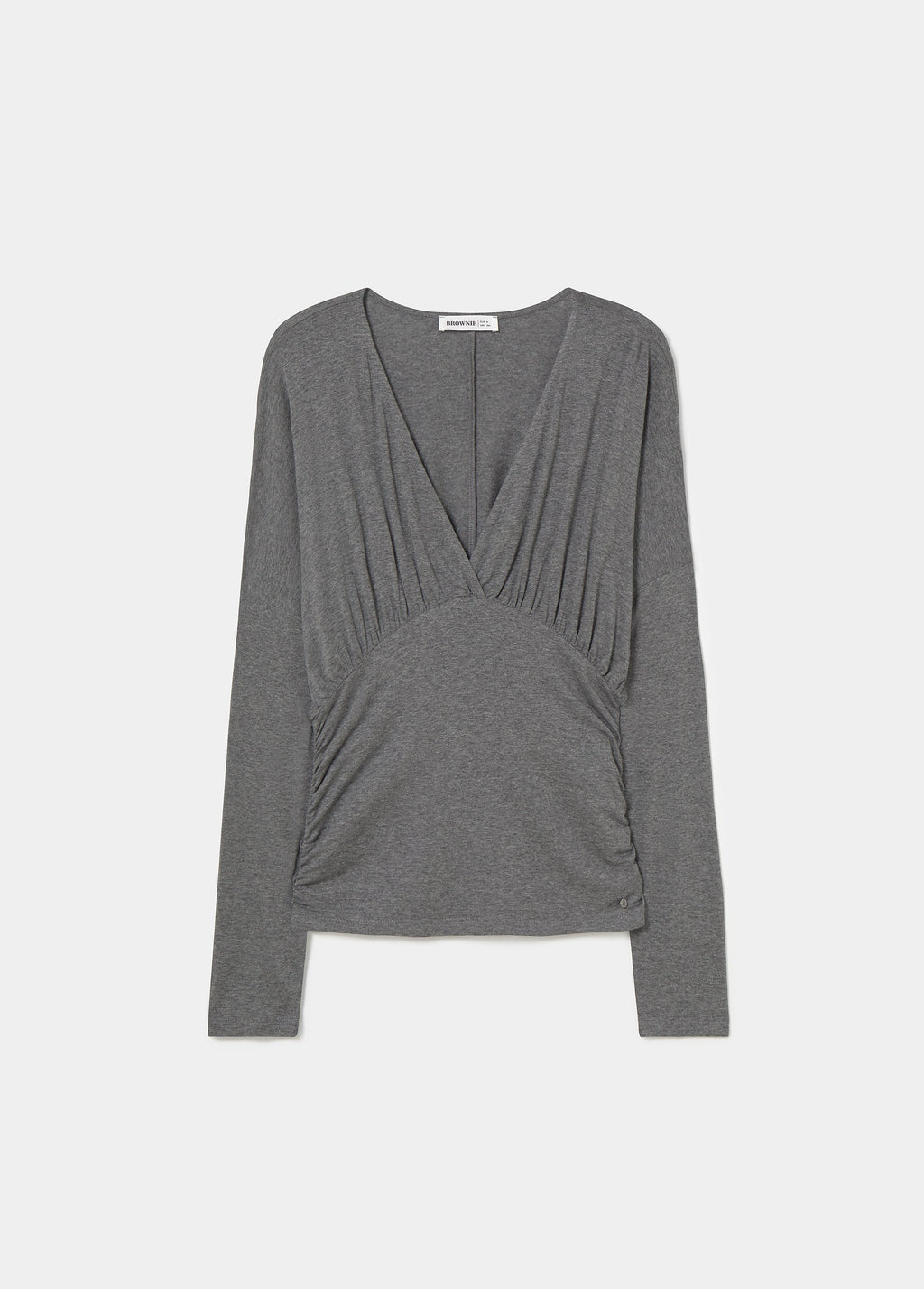 Camiseta entallada de gris vigore con escote en V y pliegues en el pecho vista frontal.