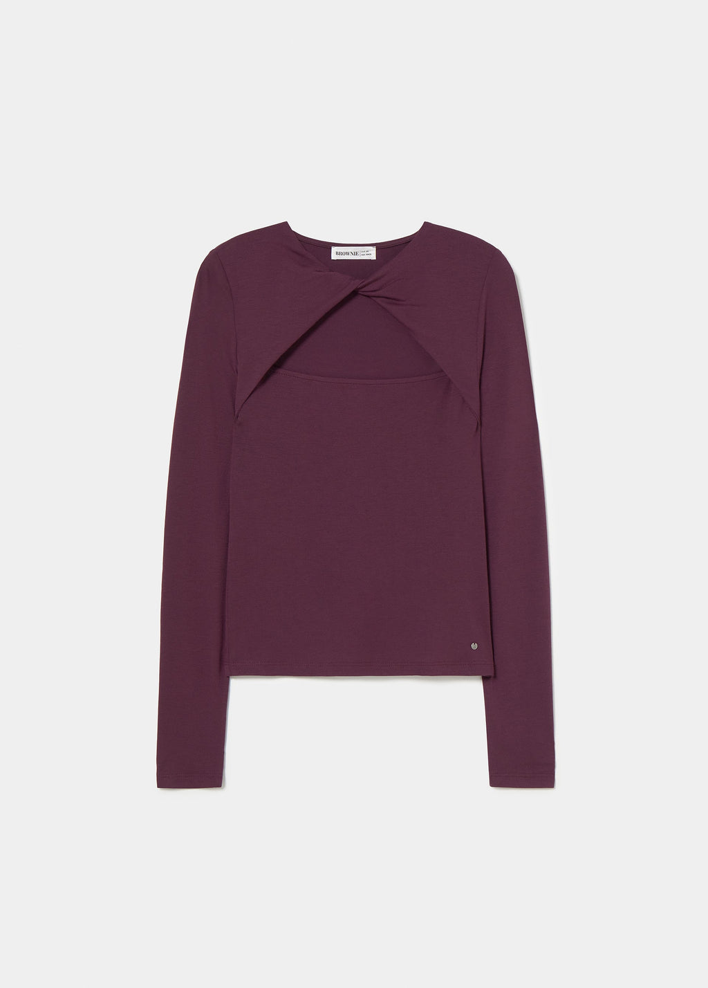 Camiseta de color granate con escote cruzado y detalle de logotipo en la manga