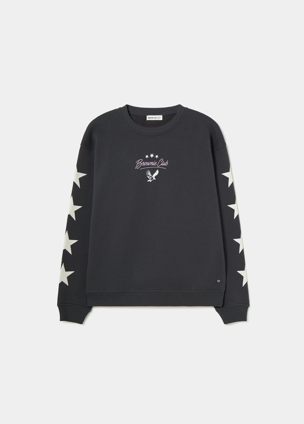 Sudadera negra de manga larga con estrellas blancas en los brazos y logotipo bordado en el pecho