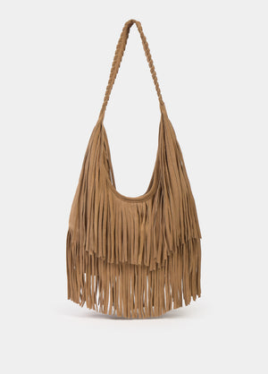 Leather shoulder bag with fringes