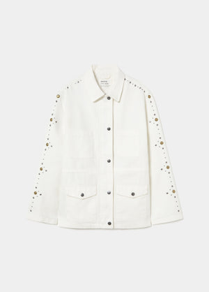 White parka with stud detail on sleeve