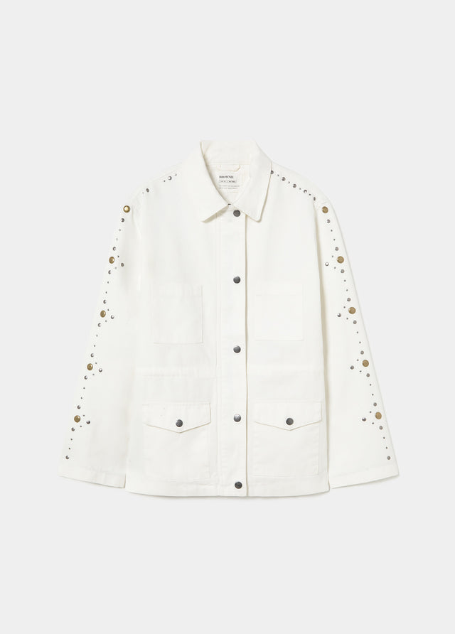 Parka blanca amb detall de taches a la màniga