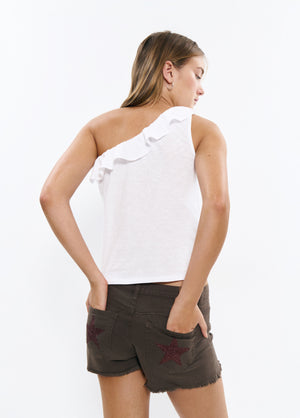 T-shirt asimmetrica con volant