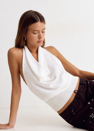 Halter top with cascade neckline
