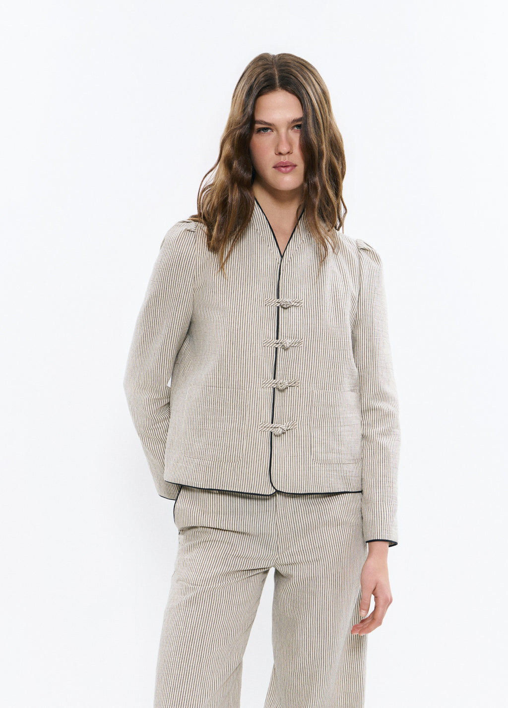 Mao collar striped jacket