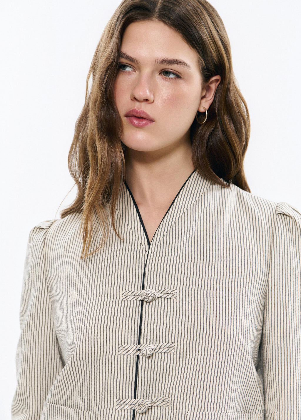 Mao collar striped jacket