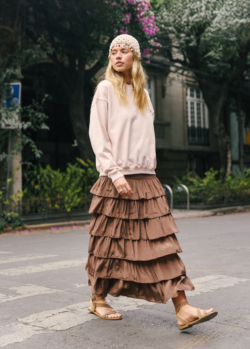 Long multi-ruffle skirt