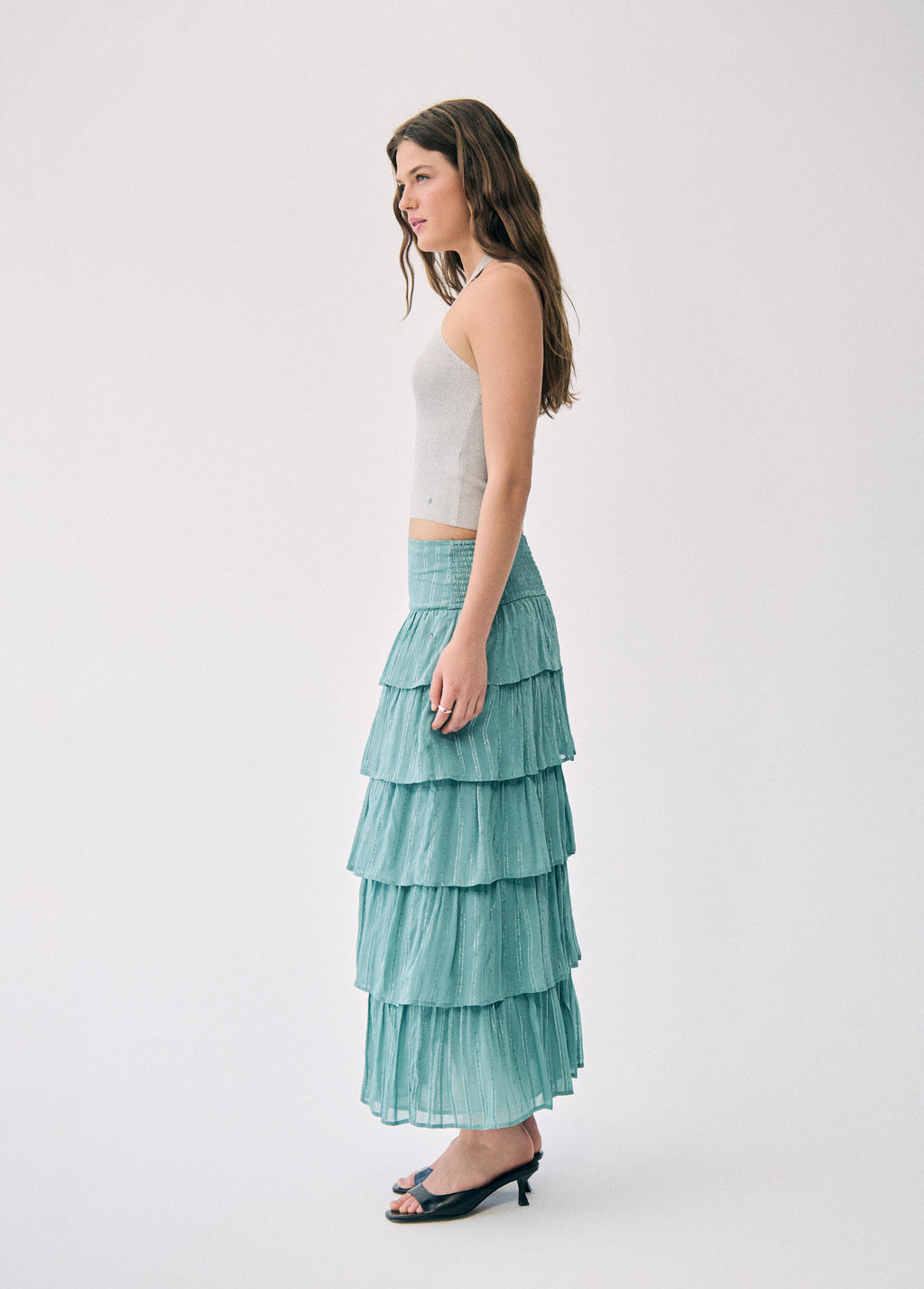 Multi-ruffle shiny skirt