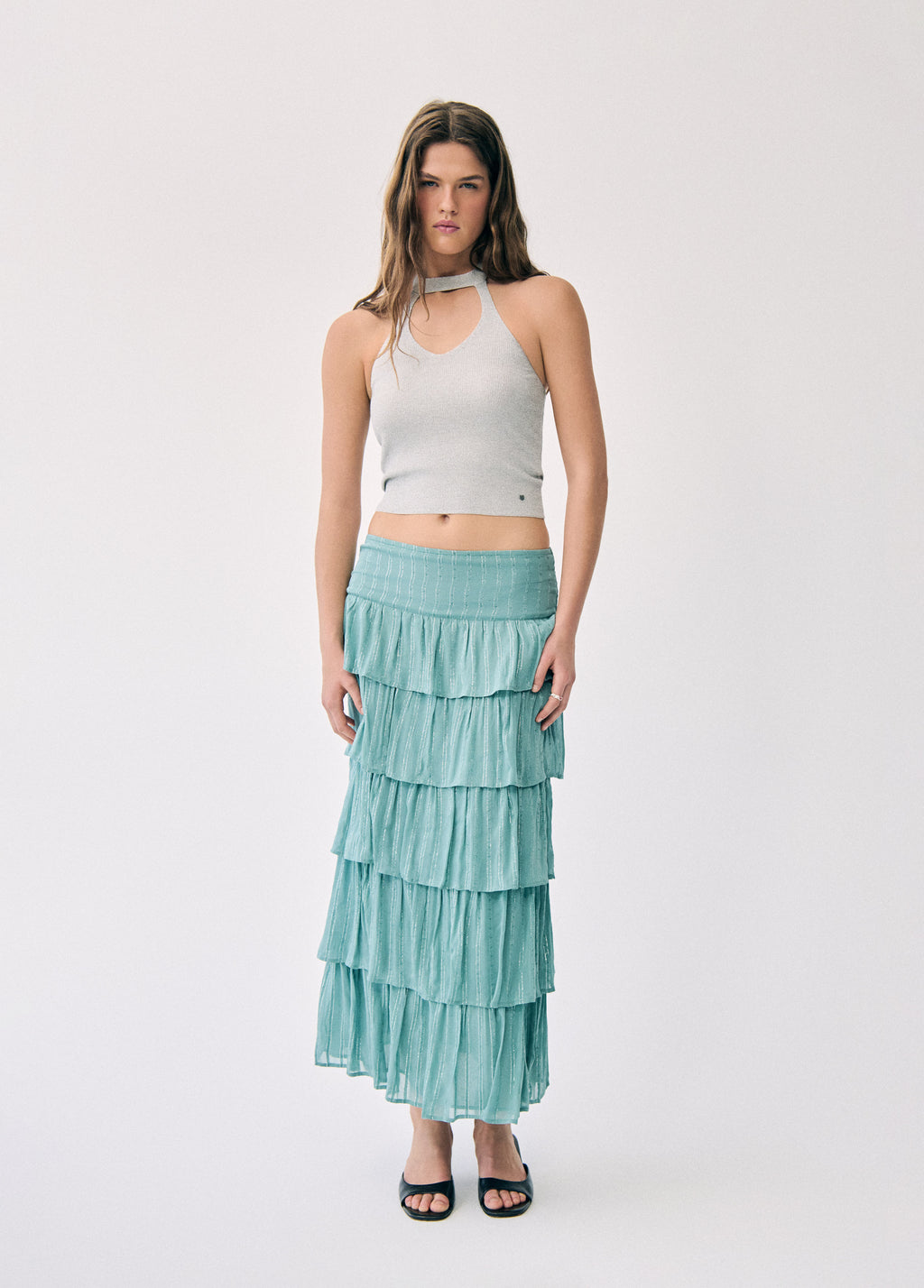 Multi-ruffle shiny skirt