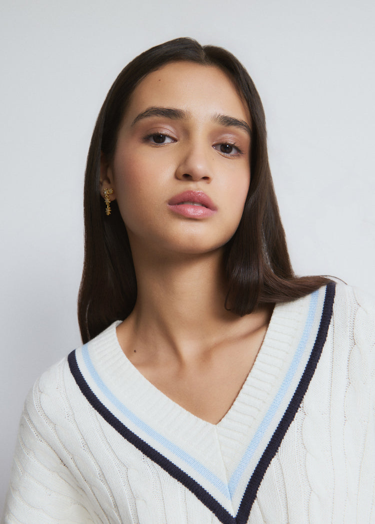 V-neck cable knit sweater