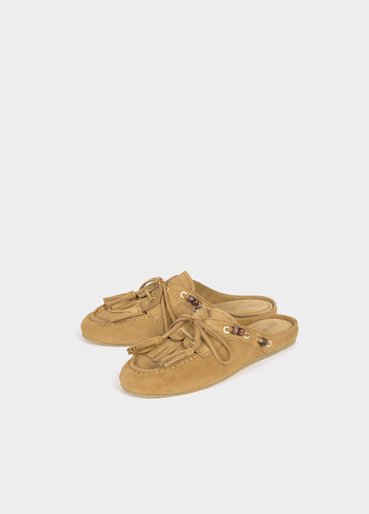 Mule mocasín borlas cuero