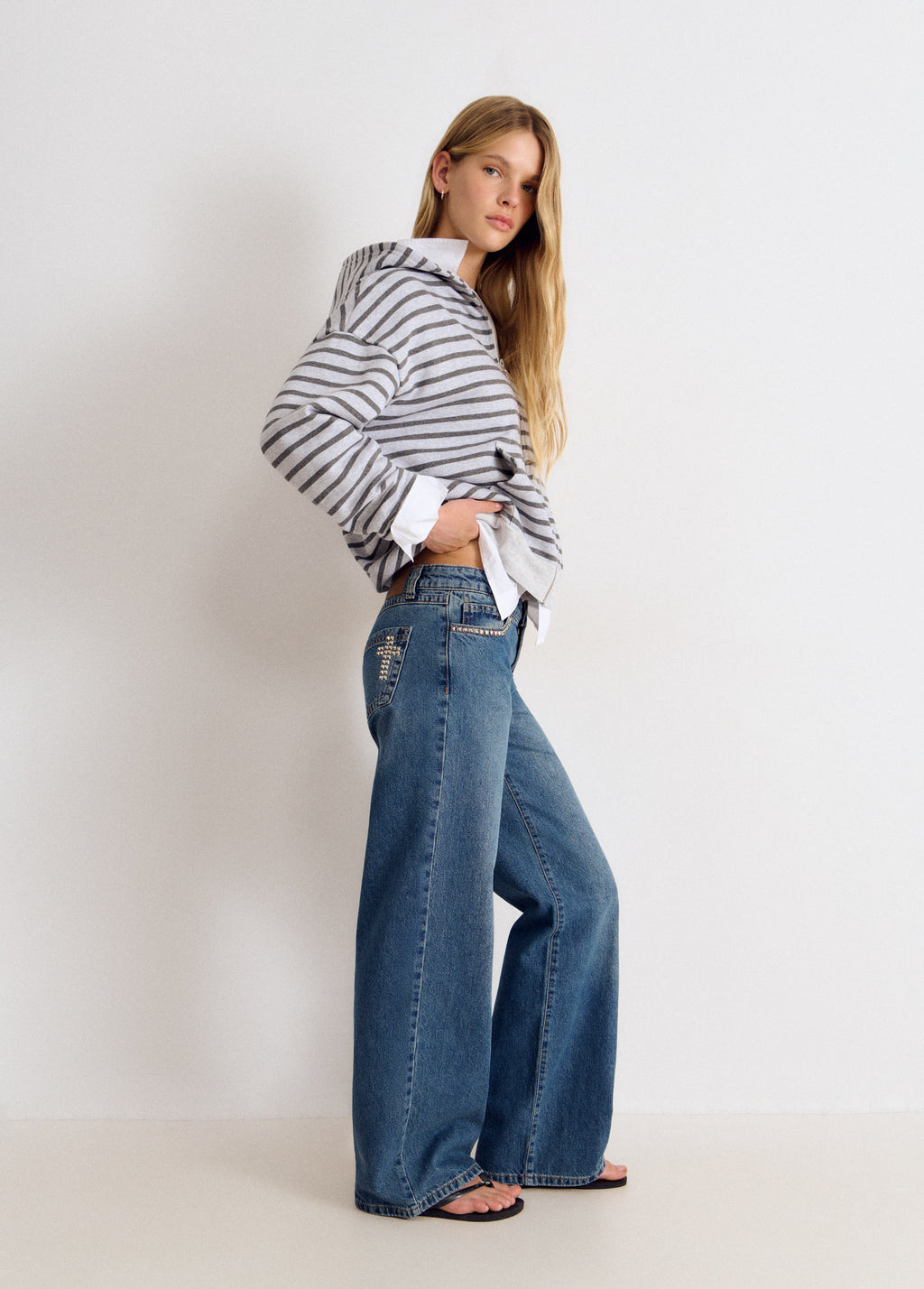Striped zip-up sweatshirt with embroidery
