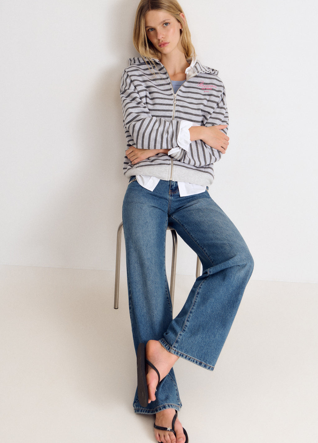 Striped zip-up sweatshirt with embroidery